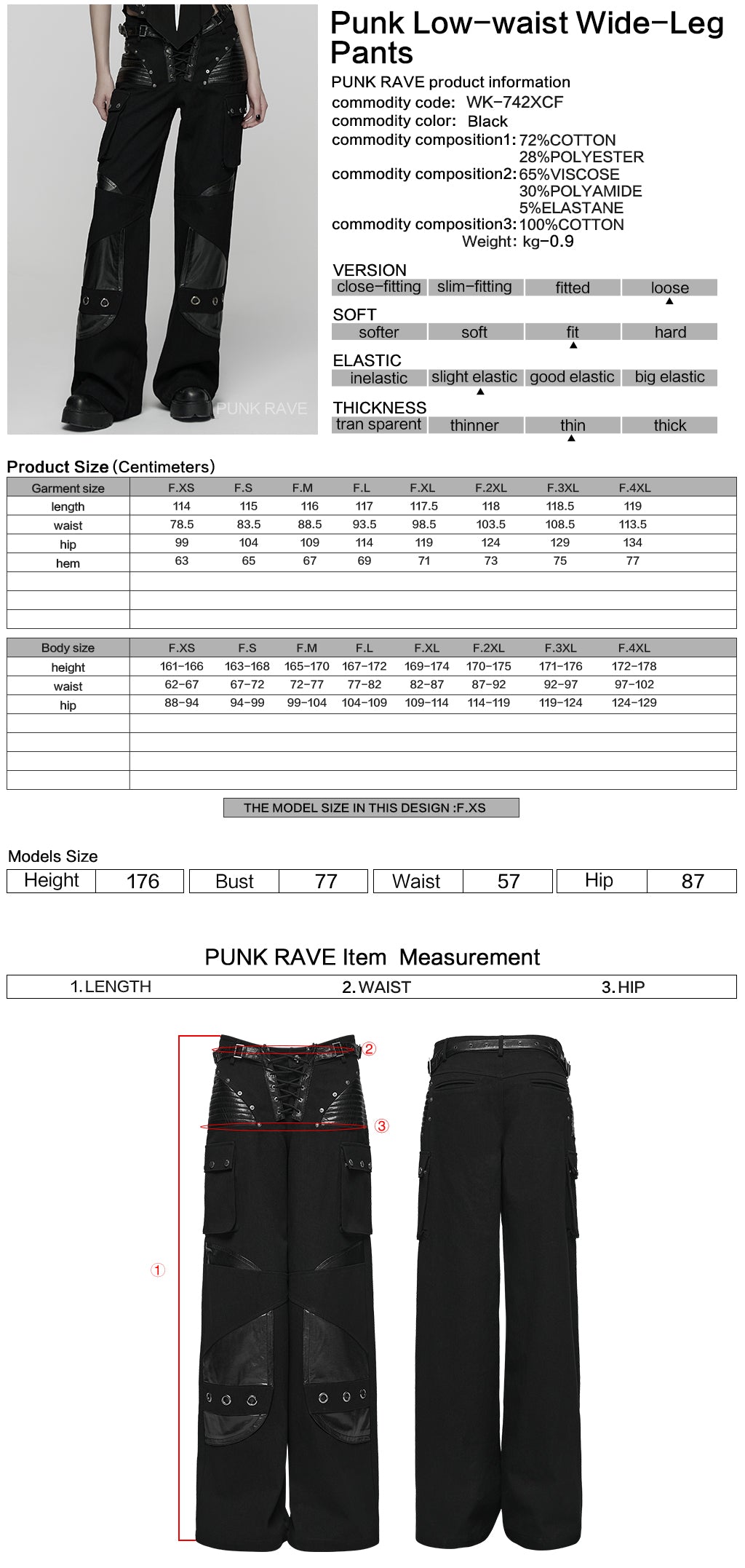 WK-742XCF Gothic High-Waist Punk Pants with Faux Leather and Rivet Details