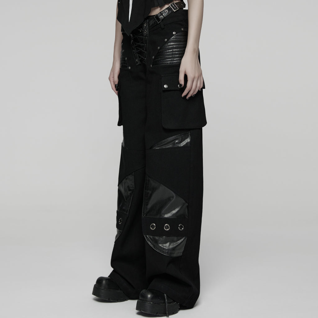 WK-742XCF Gothic High-Waist Punk Pants with Faux Leather and Rivet Details