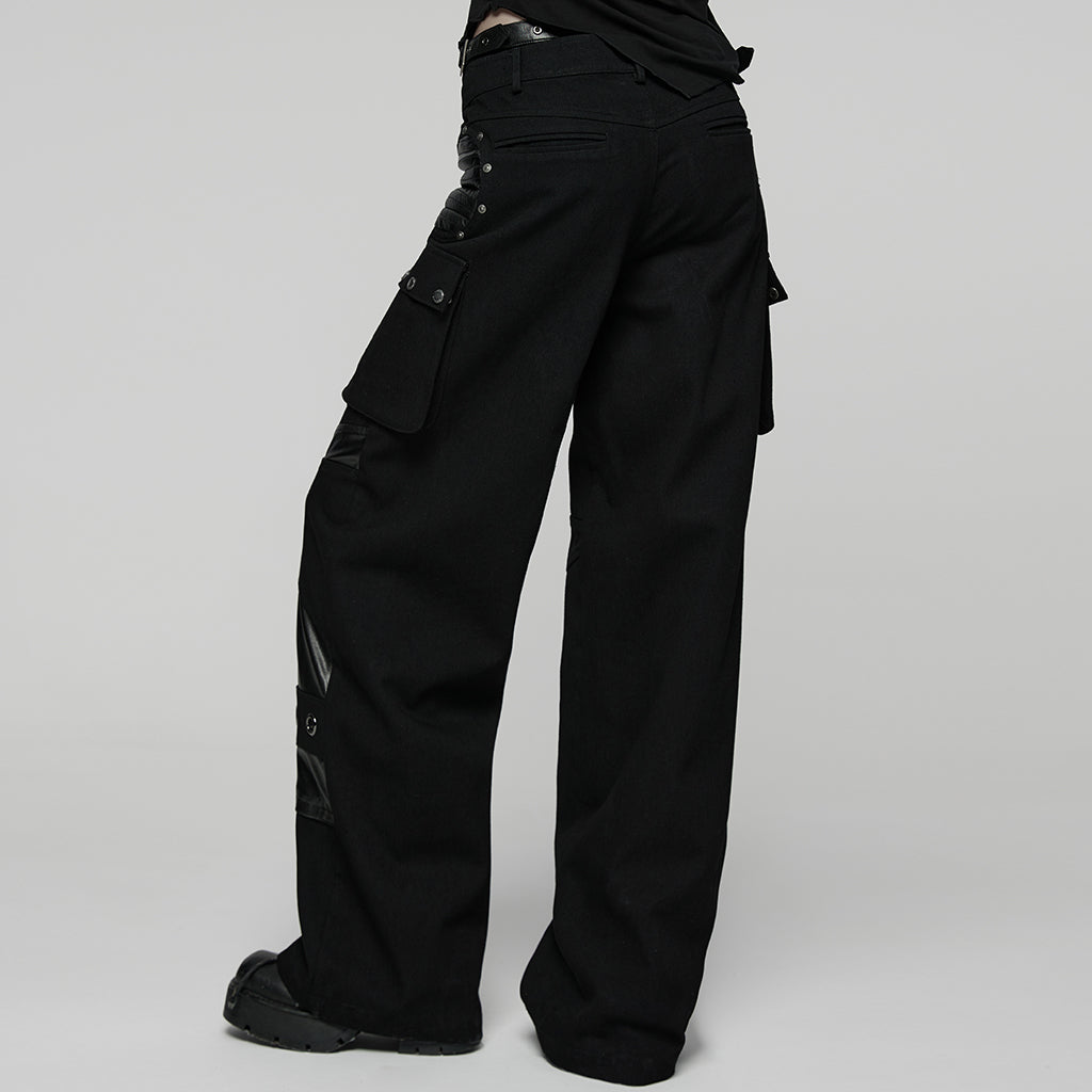 WK-742XCF Gothic High-Waist Punk Pants with Faux Leather and Rivet Details