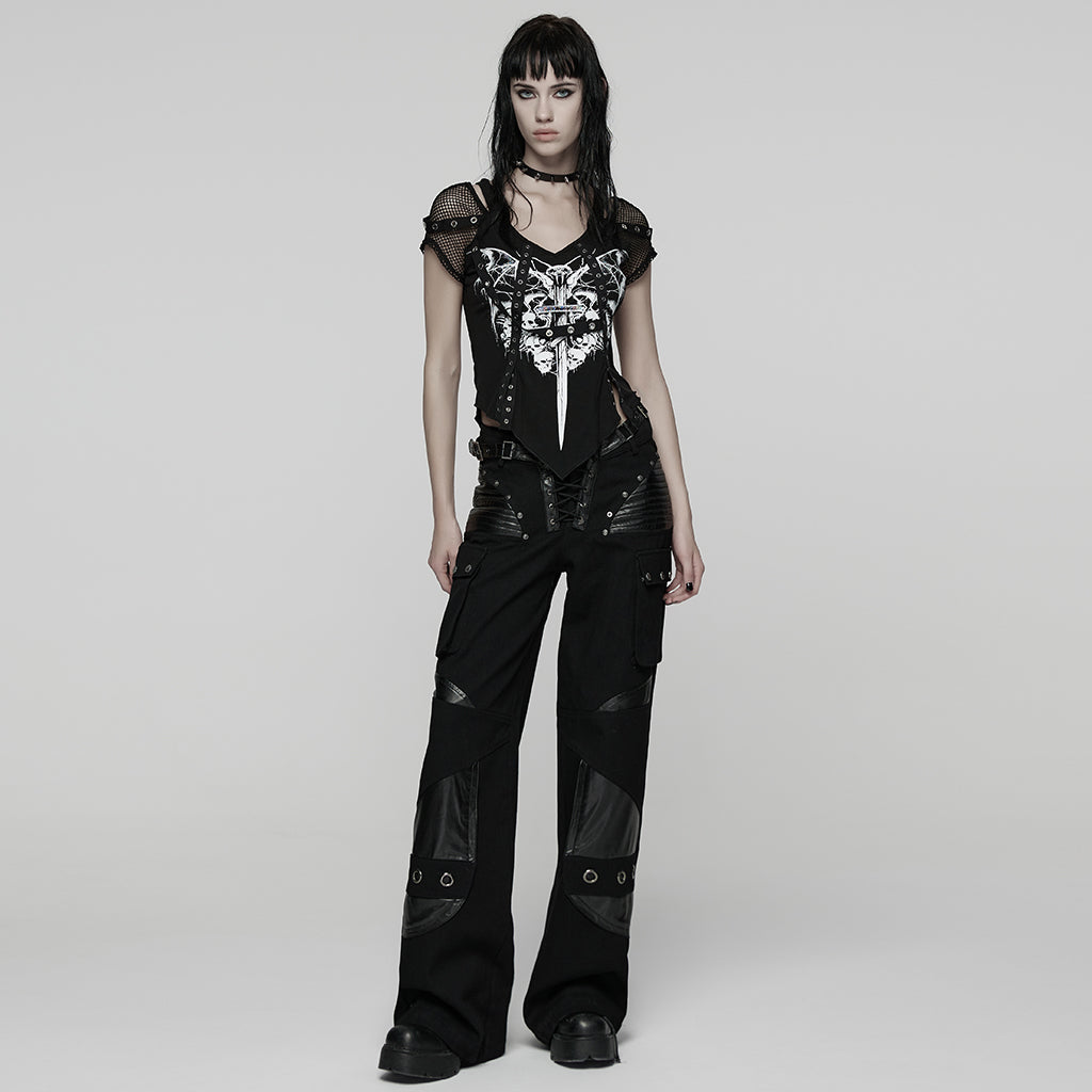 WK-742XCF Gothic High-Waist Punk Pants with Faux Leather and Rivet Details