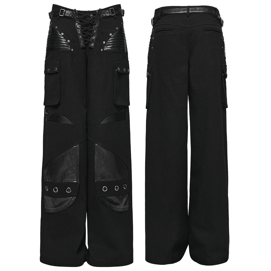 WK-742XCF Gothic High-Waist Punk Pants with Faux Leather and Rivet Details