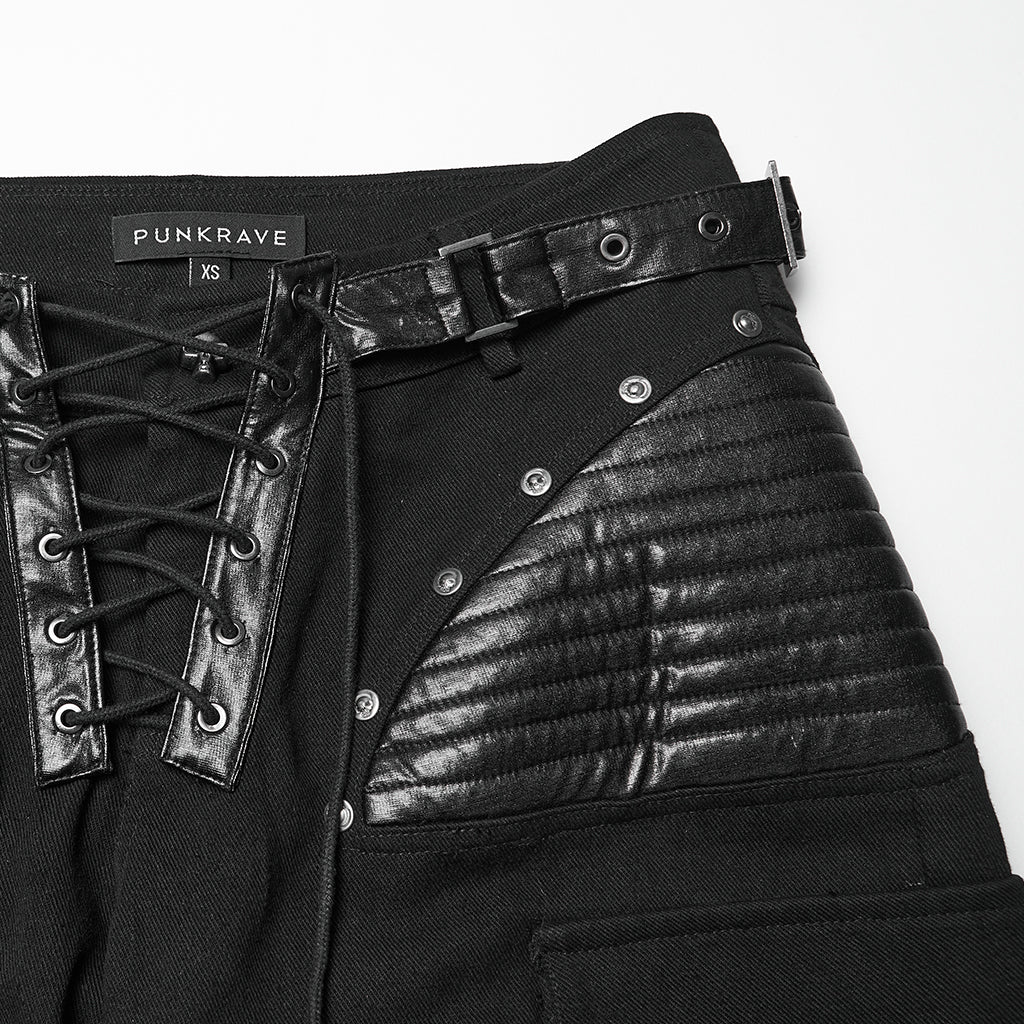 WK-742XCF Gothic High-Waist Punk Pants with Faux Leather and Rivet Details