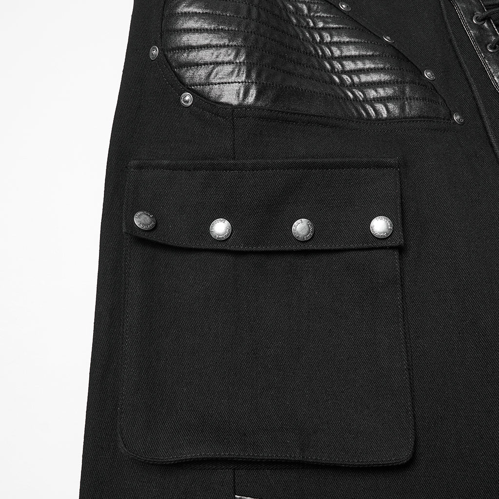 WK-742XCF Gothic High-Waist Punk Pants with Faux Leather and Rivet Details
