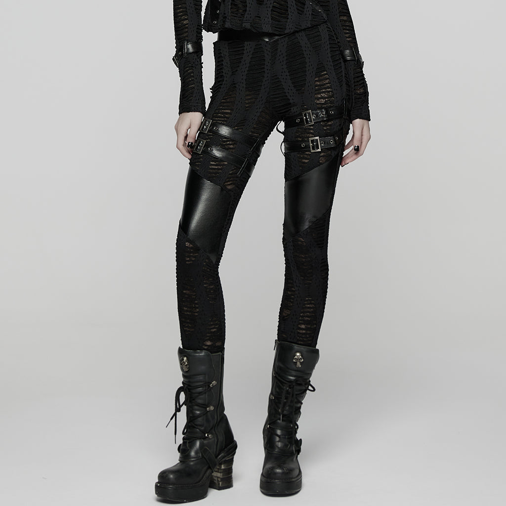 WK-743DDF Edgy Punk Pants with Buckles and Leather Accents