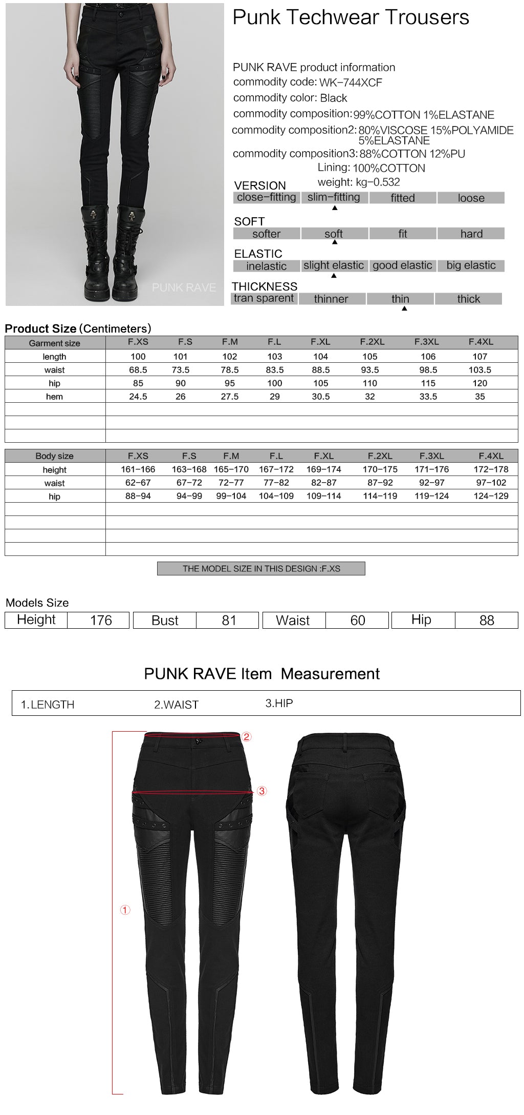WK-744XCF Womens Black Slim Fit Rivet Punk Pants Motorcycle Style
