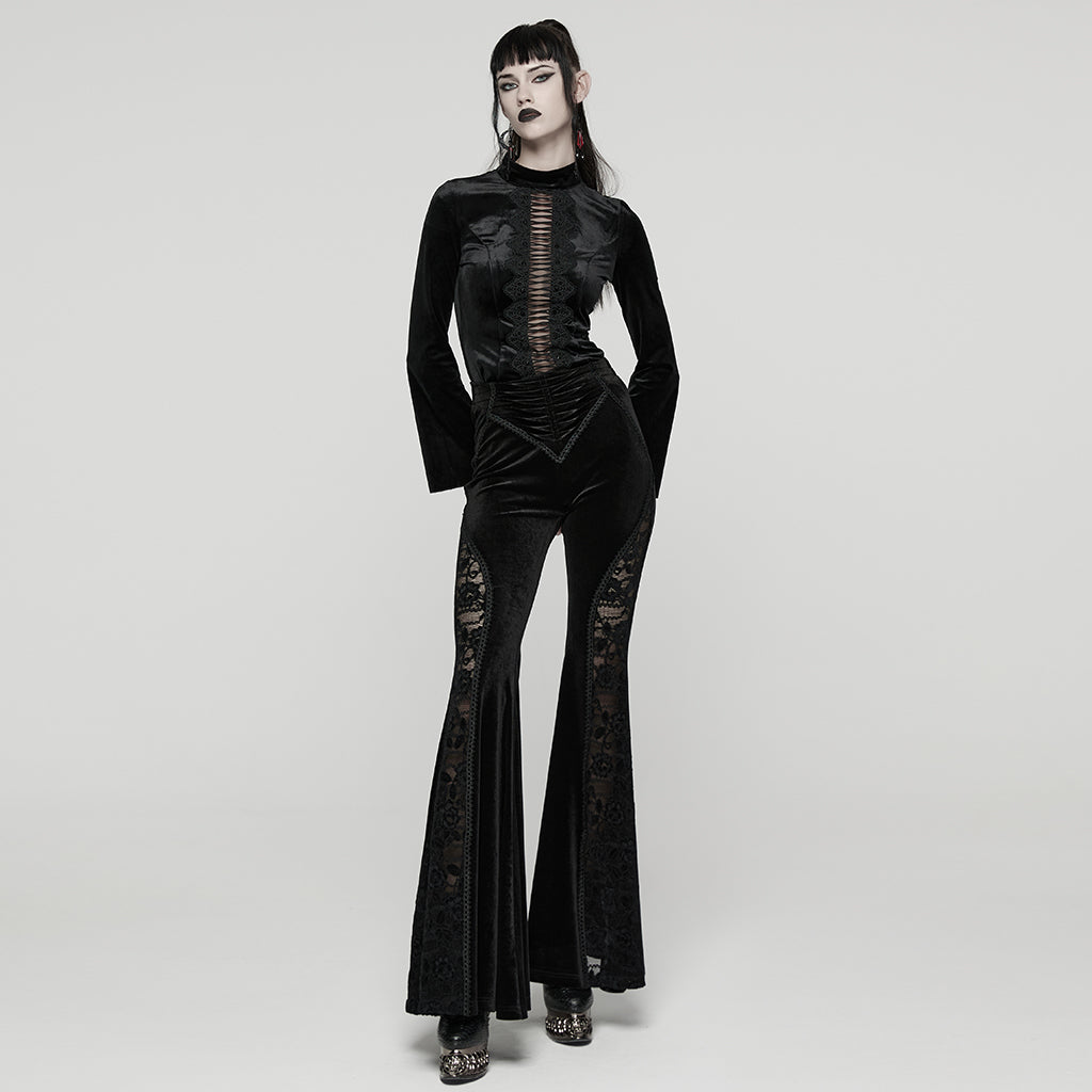 WK-745XCF Gothic Velvet Flare Pants with Lace Detail and Corset Waist
