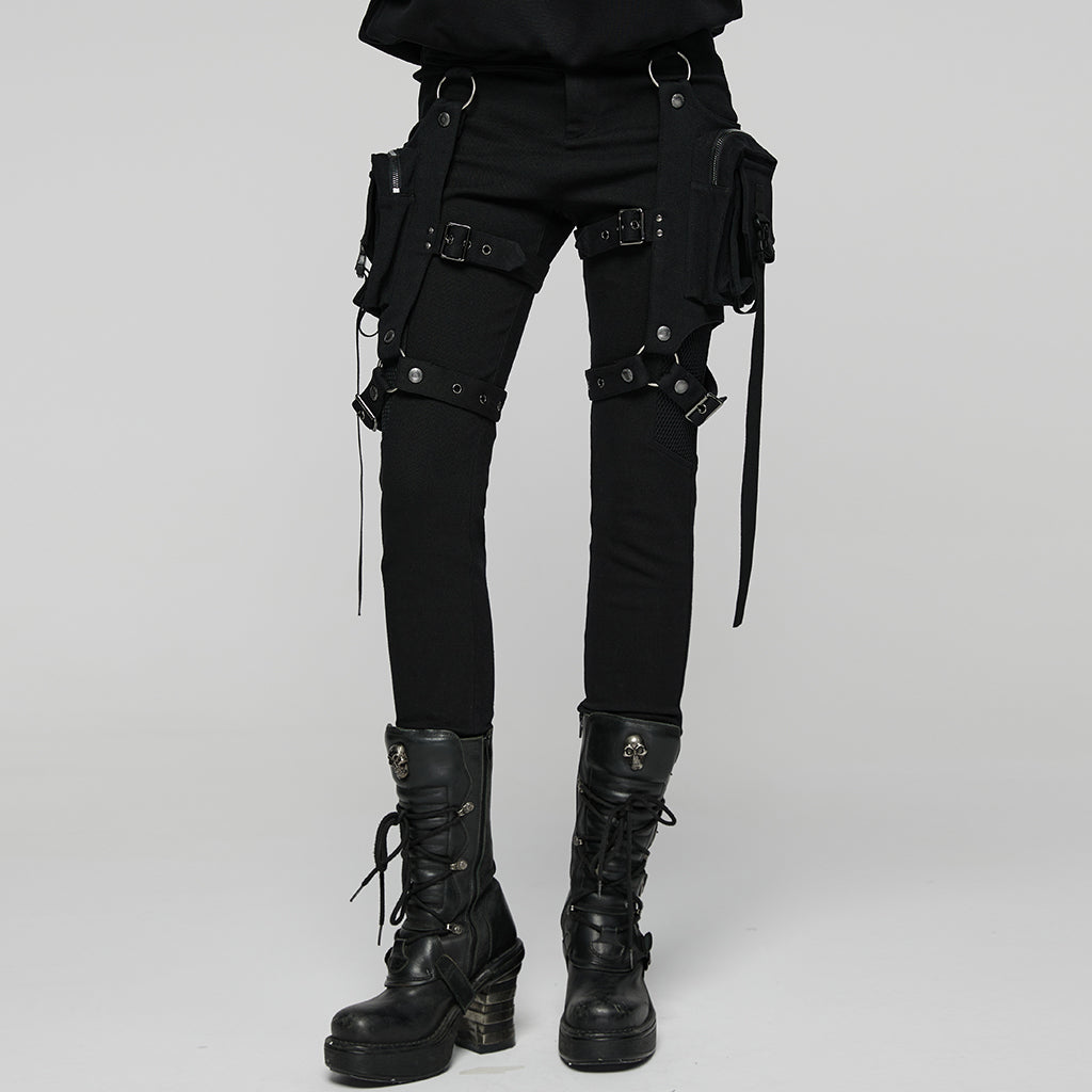 WK-747XCF Gothic Punk Pants with Straps Buckles and Pockets for Men