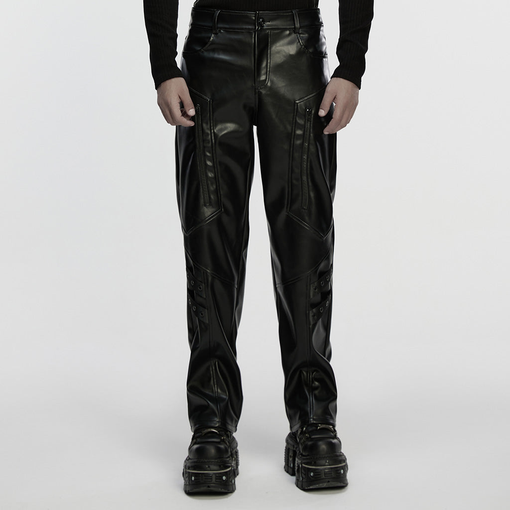 WK-748PCM Mens Black Faux Leather Zippered Chain Punk Pants