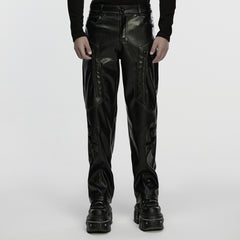 WK-748PCM Mens Black Faux Leather Zippered Chain Punk Pants
