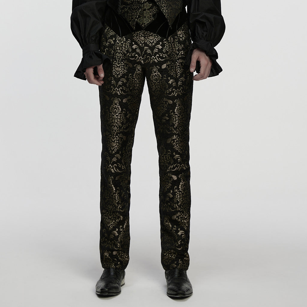 WK-759XCM Gothic Pants Vintage Floral Patterned Brocade Slim Fit Statement