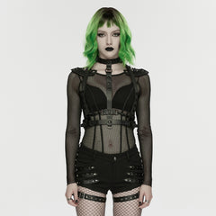 WK-763XDF Punk Pants Edgy Studded Black Mesh Harness Shorts