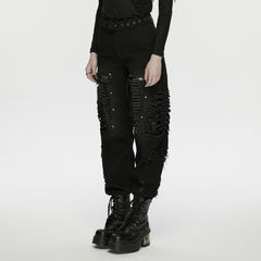 WK-766NCF Edgy Ripped Black Punk Pants with Mesh Patchwork Details