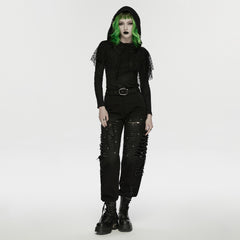 WK-766NCF Edgy Ripped Black Punk Pants with Mesh Patchwork Details