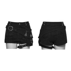 WK-767NDF Gothic Punk Pants Distressed Belted Shorts with Chains