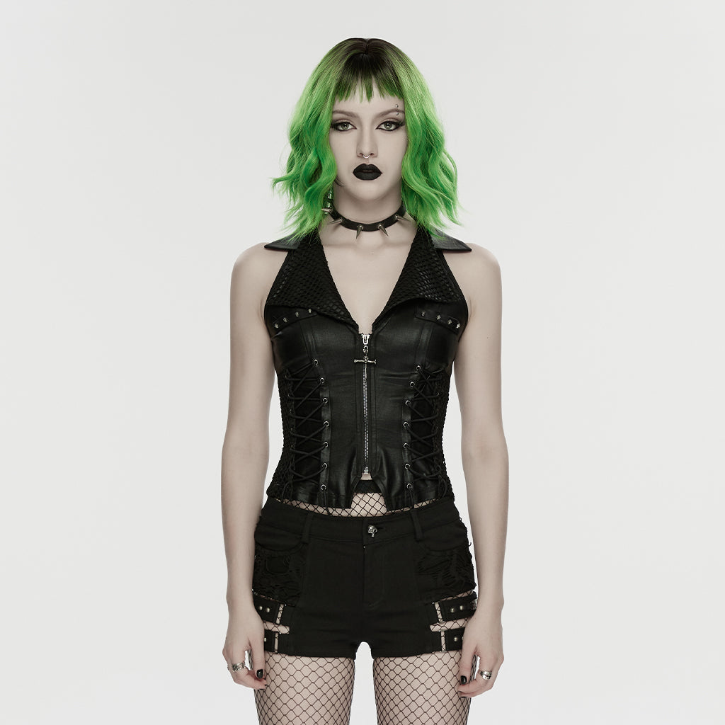WK-778XDF Punk Pants Spiked Black Lace-Up Shorts Fishnet Style