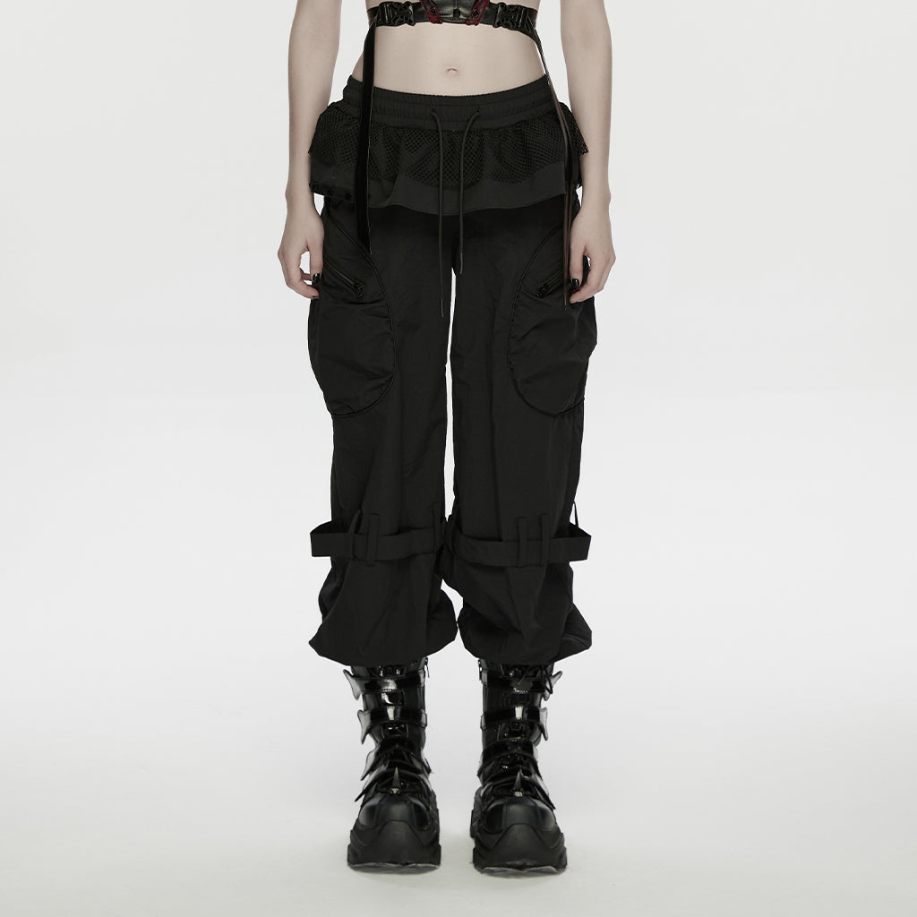 WK-779XCF Gothic Layered Black Cargo Punk Pants with Mesh Skirt Detail