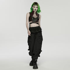 WK-779XCF Gothic Layered Black Cargo Punk Pants with Mesh Skirt Detail