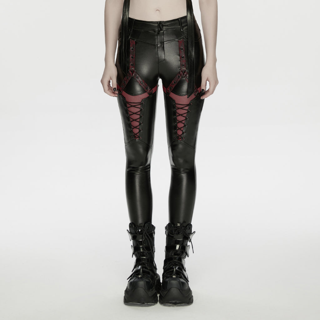 WK-789XCF Edgy Black Lace-Up Punk Pants with Red Accents