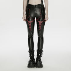 WK-789XCF Edgy Black Lace-Up Punk Pants with Red Accents