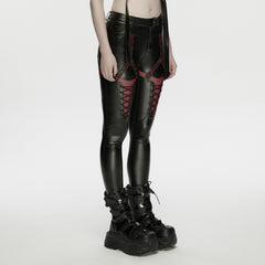 WK-789XCF Edgy Black Lace-Up Punk Pants with Red Accents