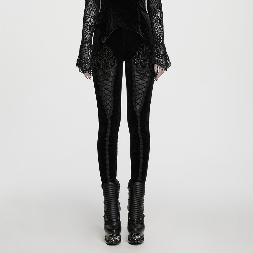 WK-814DDF Velvet Lace Accented Gothic Pants with Intricate Embroidery