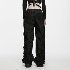WK-820XCF Wide Leg Distressed Black Punk Pants with Fringe Detail