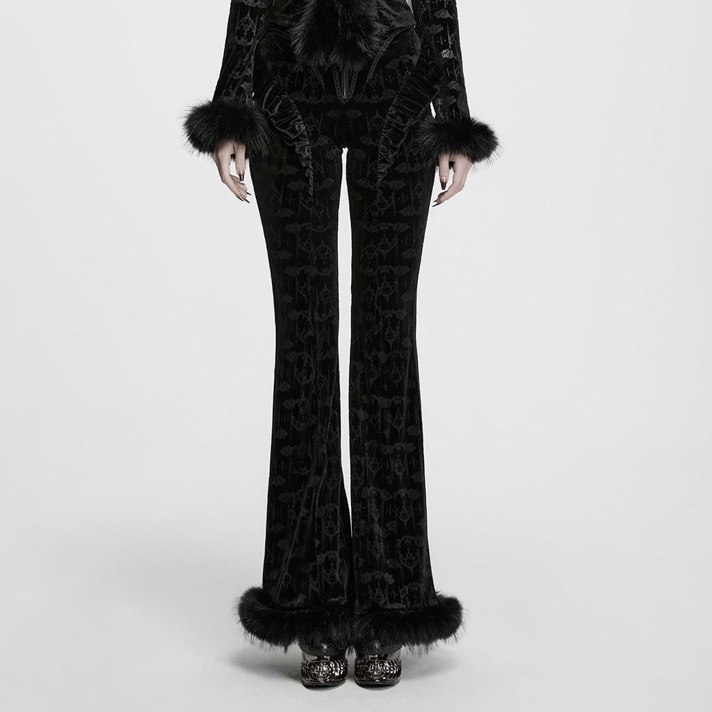 WK-822XCF Gothic Pants Black Velvet Flares with Fur Trim