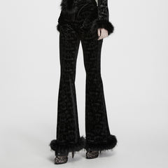 WK-822XCF Gothic Pants Black Velvet Flares with Fur Trim