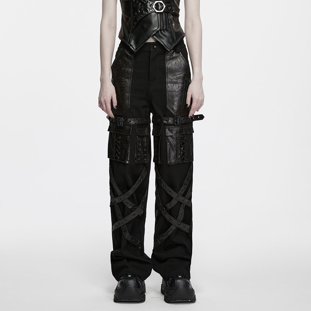 WK-823XCF Black Faux Leather Strapped Gothic Punk Pants for Women