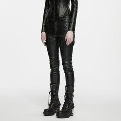 WK-826PCF Black Leather Punk Pants with Ribbed Knee and Zipper Detail