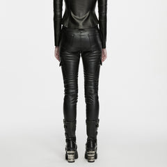 WK-826PCF Black Leather Punk Pants with Ribbed Knee and Zipper Detail