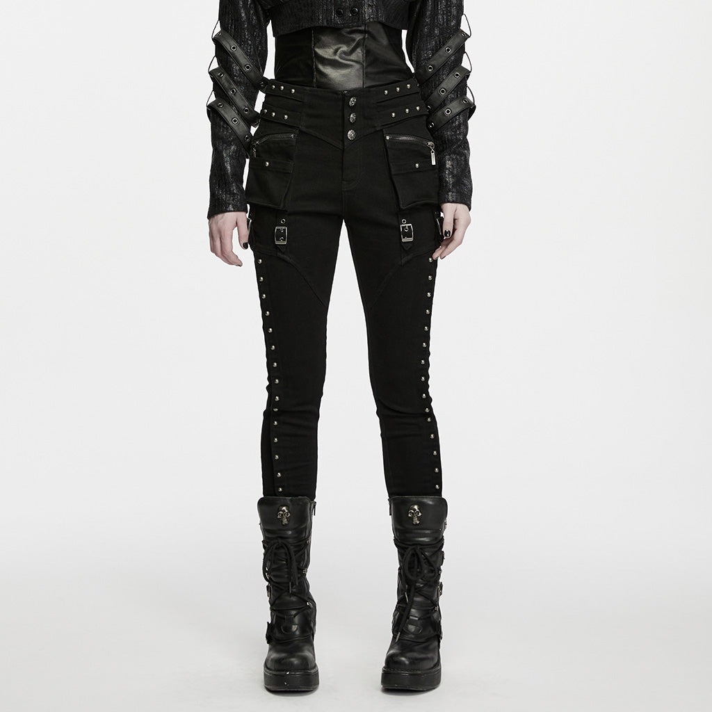 WK-827NCF Gothic High Waist Strap Studded Punk Pants with Zipper Details