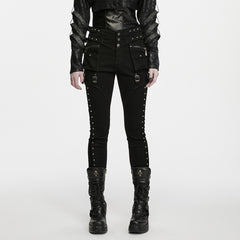 WK-827NCF Gothic High Waist Strap Studded Punk Pants with Zipper Details