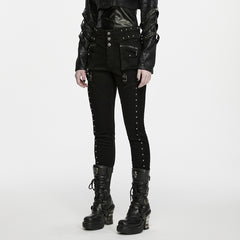 WK-827NCF Gothic High Waist Strap Studded Punk Pants with Zipper Details