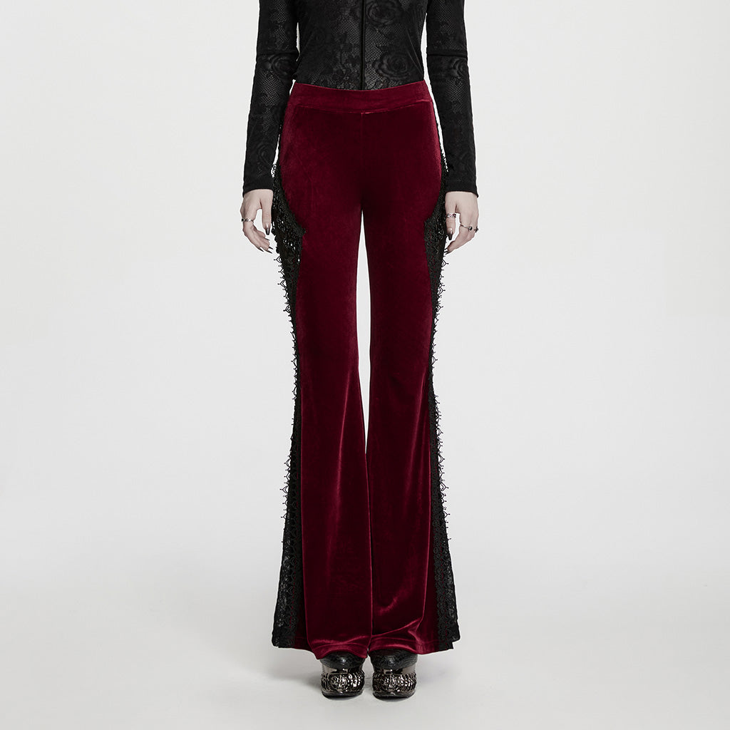 WK-828XCF Velvet Lace Trim Flare Gothic Pants Red Black