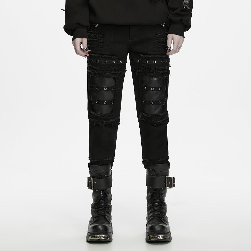 WK-829NCM Gothic Eyelet Strap Punk Pants with Faux Leather Panels