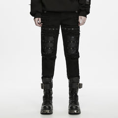 WK-829NCM Gothic Eyelet Strap Punk Pants with Faux Leather Panels