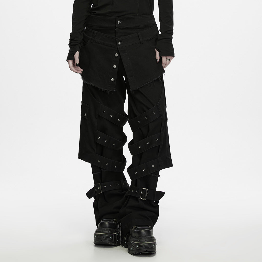 WK-830NCM Gothic Strapped Wide Leg Punk Pants with Belted Accents