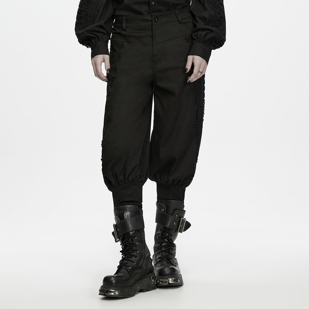 WK-836XCM Men s Gothic Pants Black Lace Trim Vintage Tapered Design