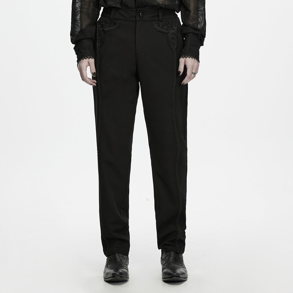 WK-840XCM Gothic Lace Embellished Black Punk Pants Straight Leg Style