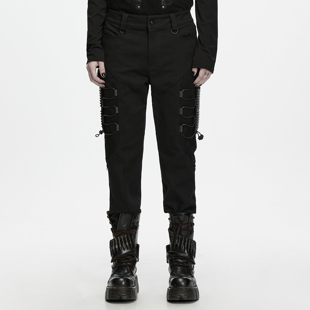 WK-841NCM Gothic Black Strap Buckle Mesh Detail Punk Pants