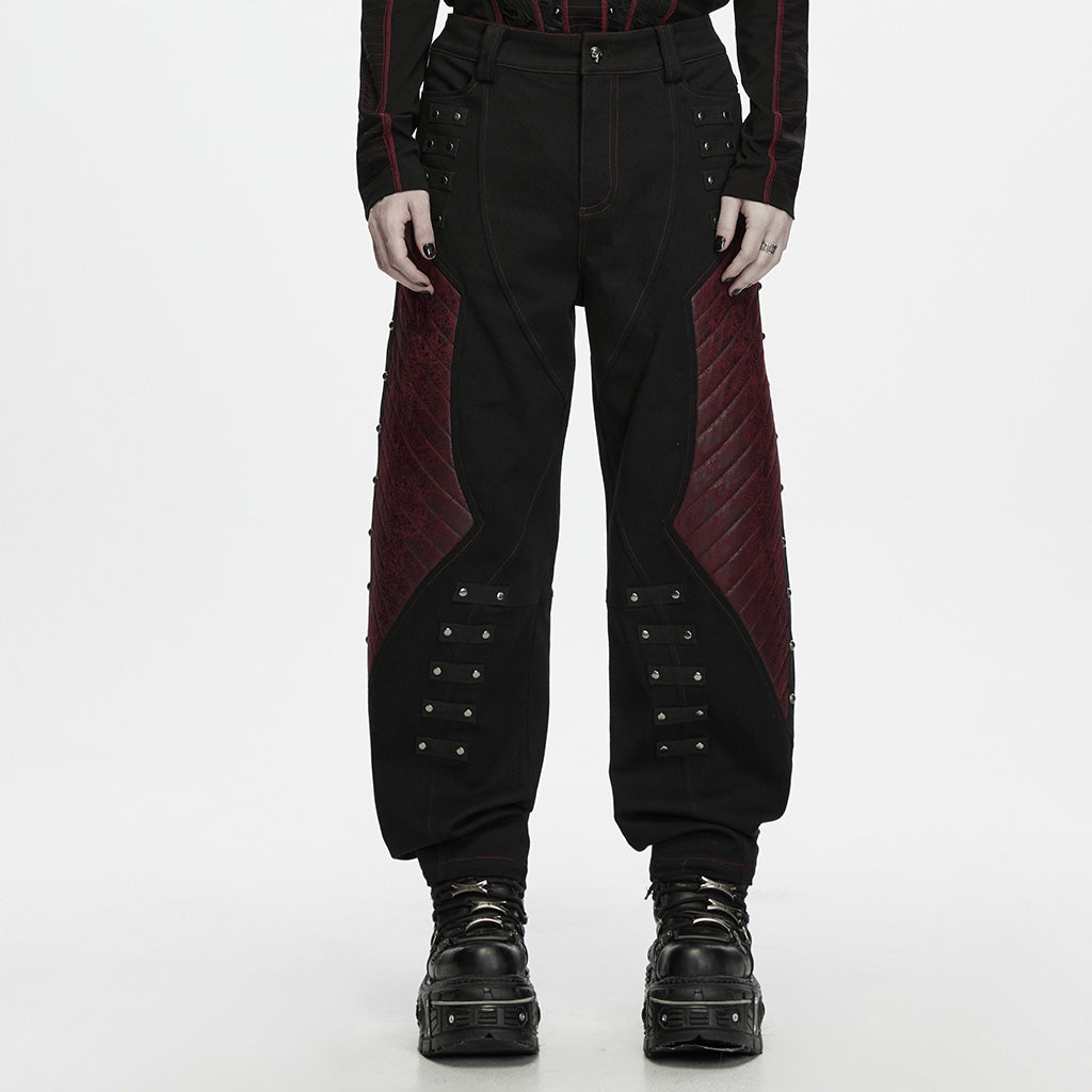 WK-842XCM Punk Pants Black Cargo with Red Quilted Panels and Studded Accents