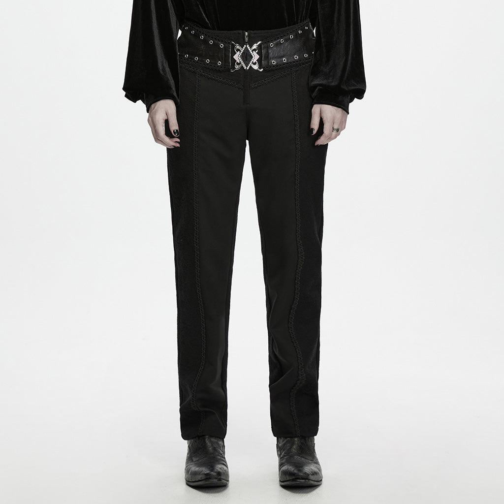 WK-843XCM Men s Gothic Pants with Belted Waist and Embroidered Seams