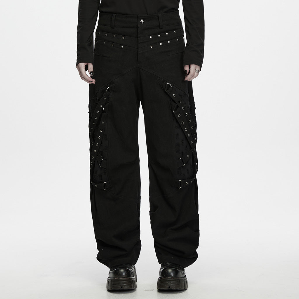 WK-844XCM Gothic Black Punk Pants with Studded Straps and Eyelet Details