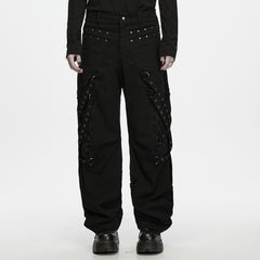 WK-844XCM Gothic Black Punk Pants with Studded Straps and Eyelet Details