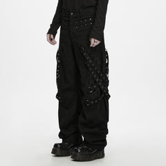 WK-844XCM Gothic Black Punk Pants with Studded Straps and Eyelet Details