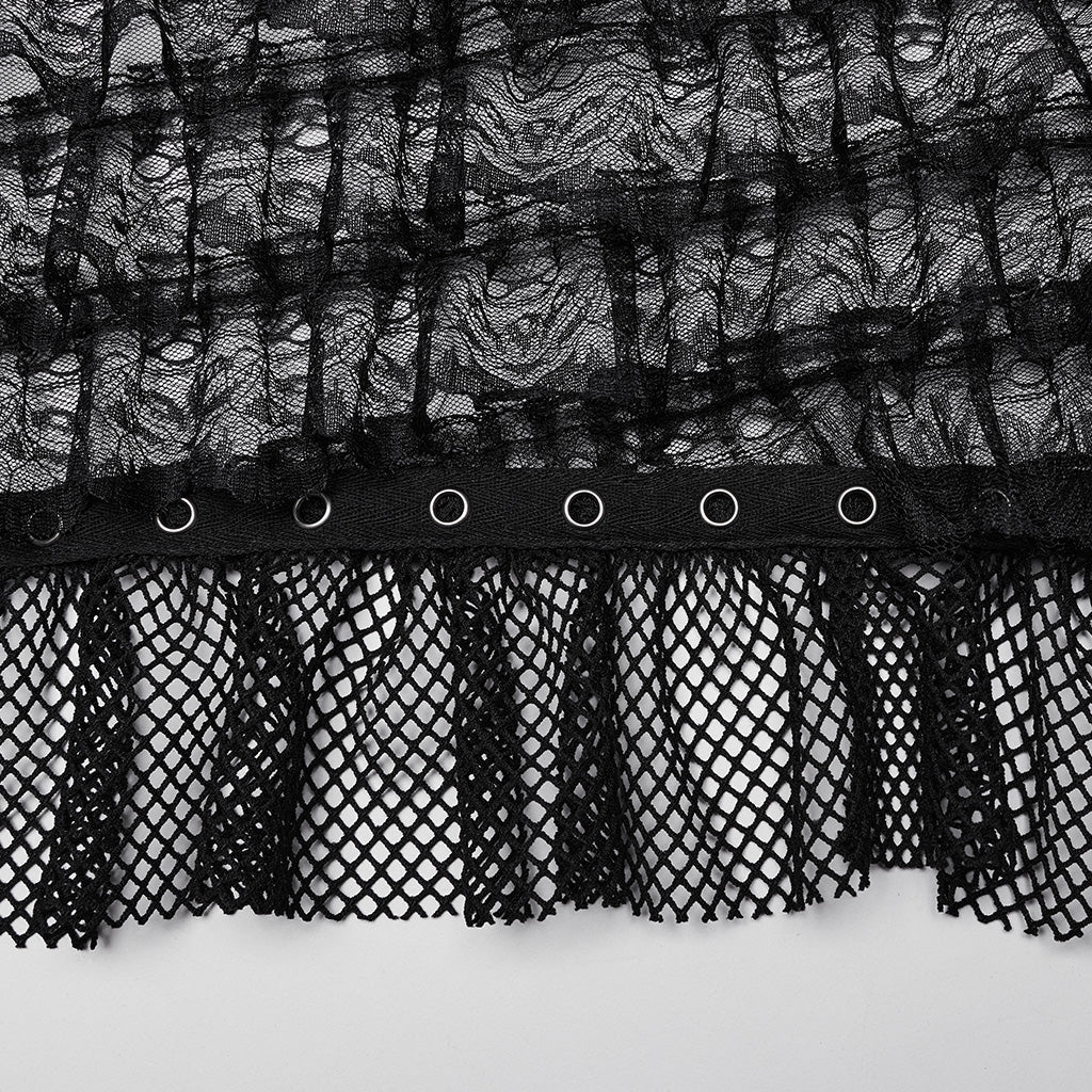 WLQ-107LQF Gothic Lace Ruffled Maxi Dress with Mesh Sleeves?-??Punk Rave Clothing