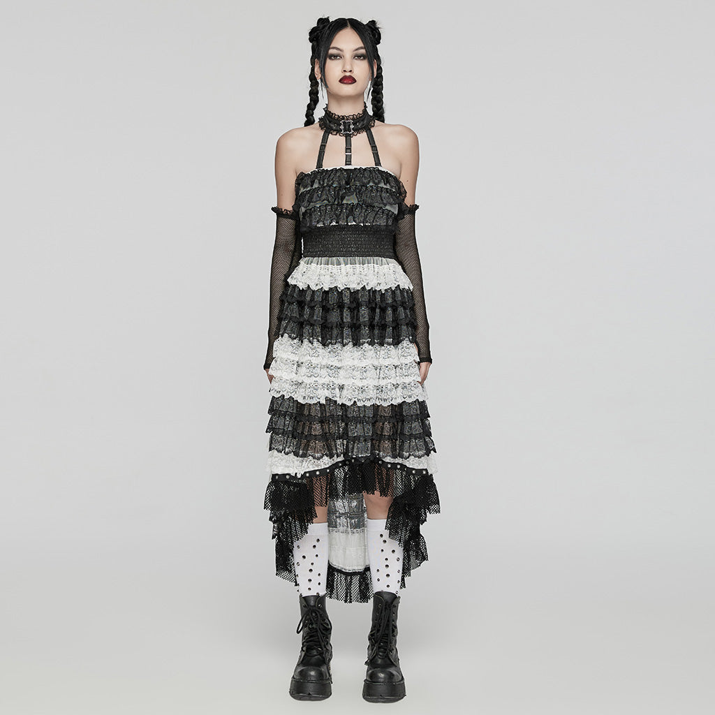 WLQ-107LQF Gothic Lace Ruffled Maxi Dress with Mesh Sleeves?-??Punk Rave Clothing