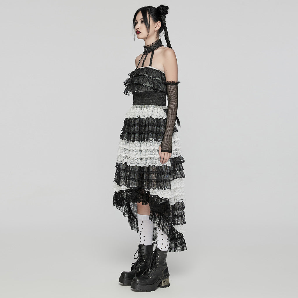 WLQ-107LQF Gothic Lace Ruffled Maxi Dress with Mesh Sleeves?-??Punk Rave Clothing