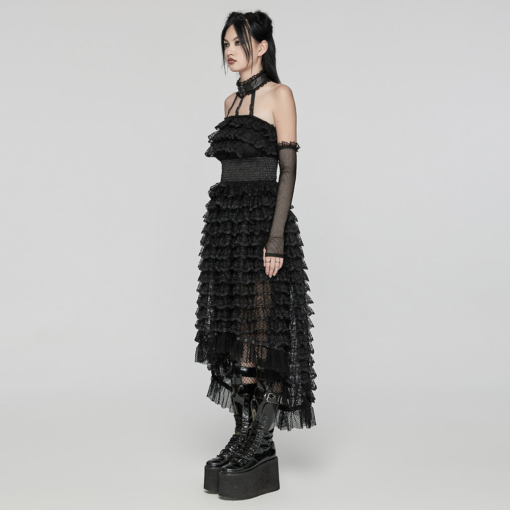 WLQ-107LQF Gothic Lace Ruffled Maxi Dress with Mesh Sleeves?-??Punk Rave Clothing
